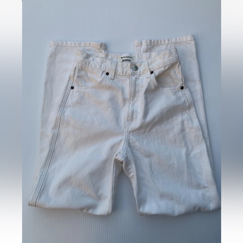 Reformation Jeans Sz 24 White Cowboy High Rise Distressed Straight Jeans
